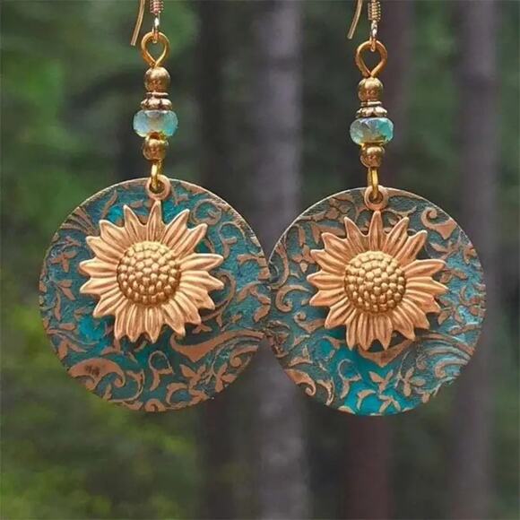 🎀Bohemian Sunflower Vintage Design Drop Earrings Jewelry Gifts | Turquoise/Gold - Picture 9 of 9